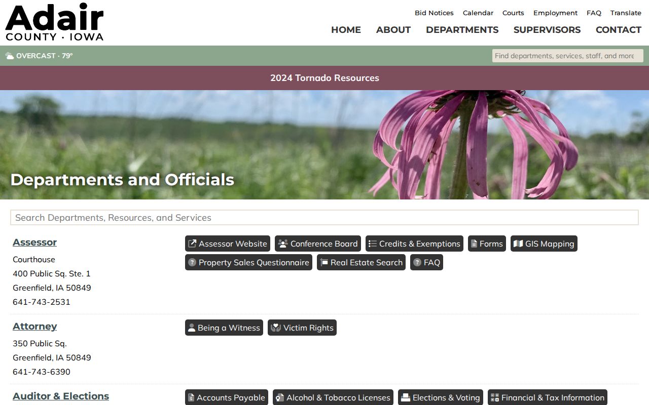 Adair County department directory with Sheriff contact for active warrant confirmation