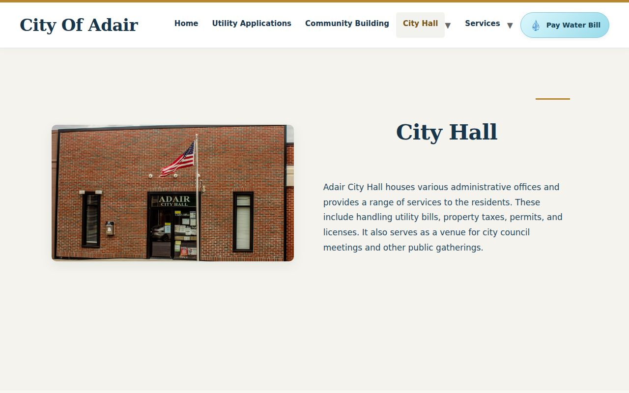Official Adair City Hall webpage and building information