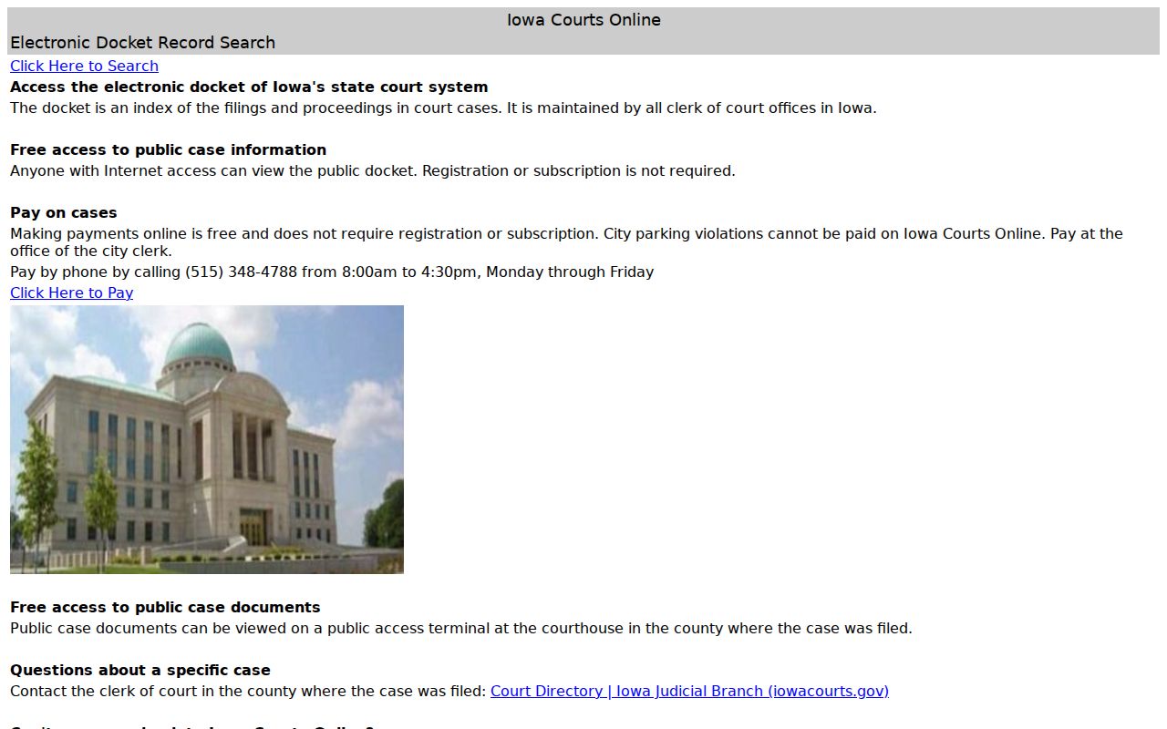 Iowa Courts Online landing page for an Adair County warrant check